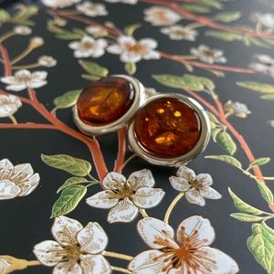 Real amber and sterling silver clip on earrings